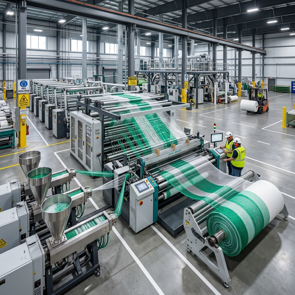 Garware-branded HDPE net production facility with manufacturing machinery