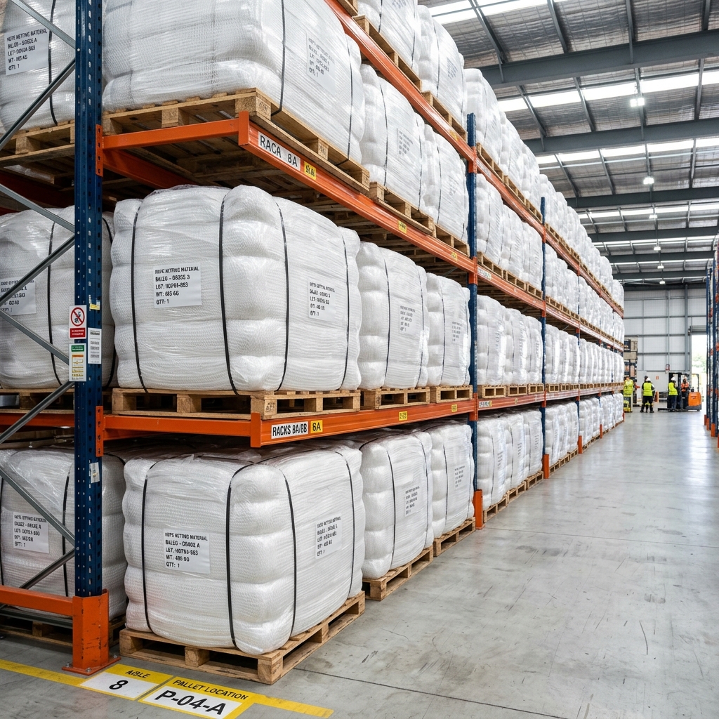 Garware-branded net material packed in compressed white factory bales