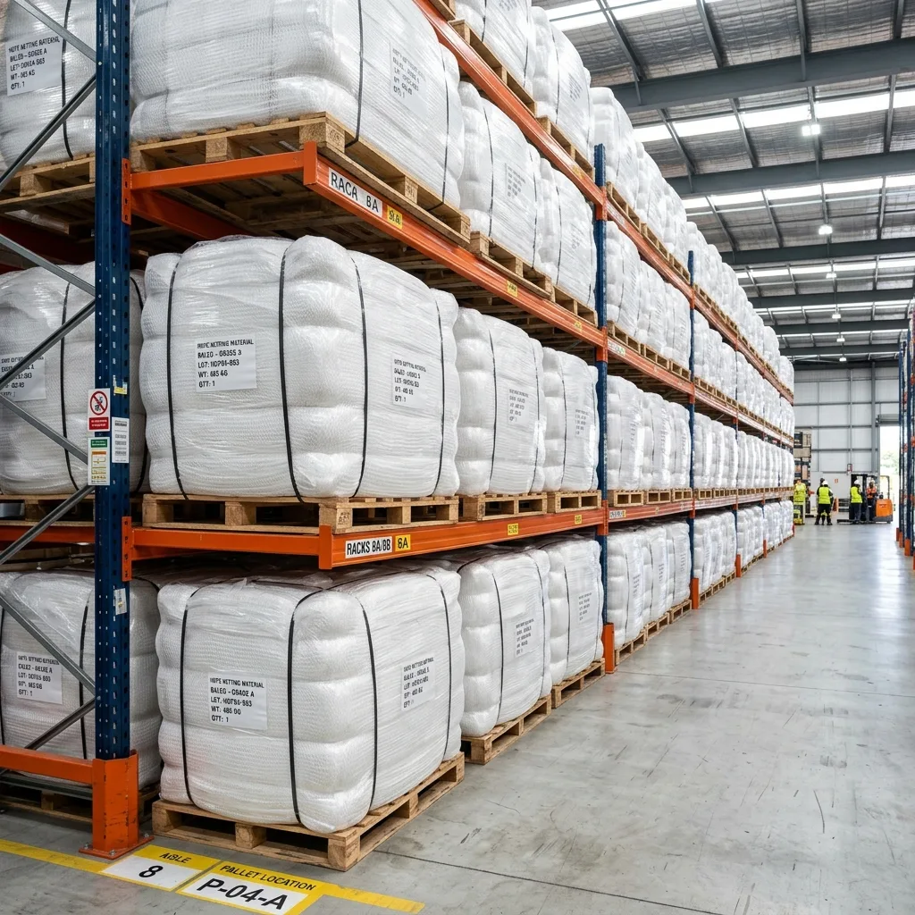 Garware-branded net material packed in compressed white factory bales