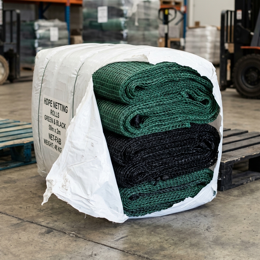 Opened Garware-branded commercial bale showing green and black HDPE net mesh