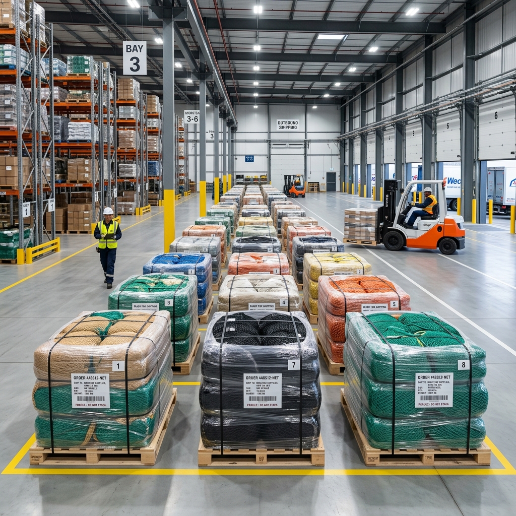 Garware-branded net bales staged in a warehouse for commercial dispatch