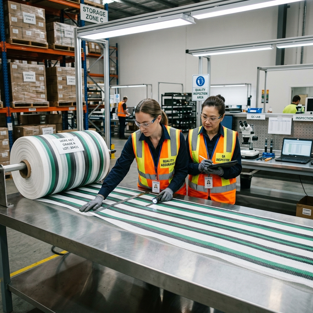 Warehouse team inspecting ProNet-branded green black and white net material