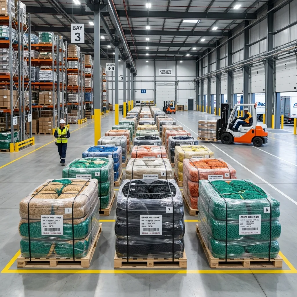 ProNet-branded net bales staged in a warehouse for commercial dispatch