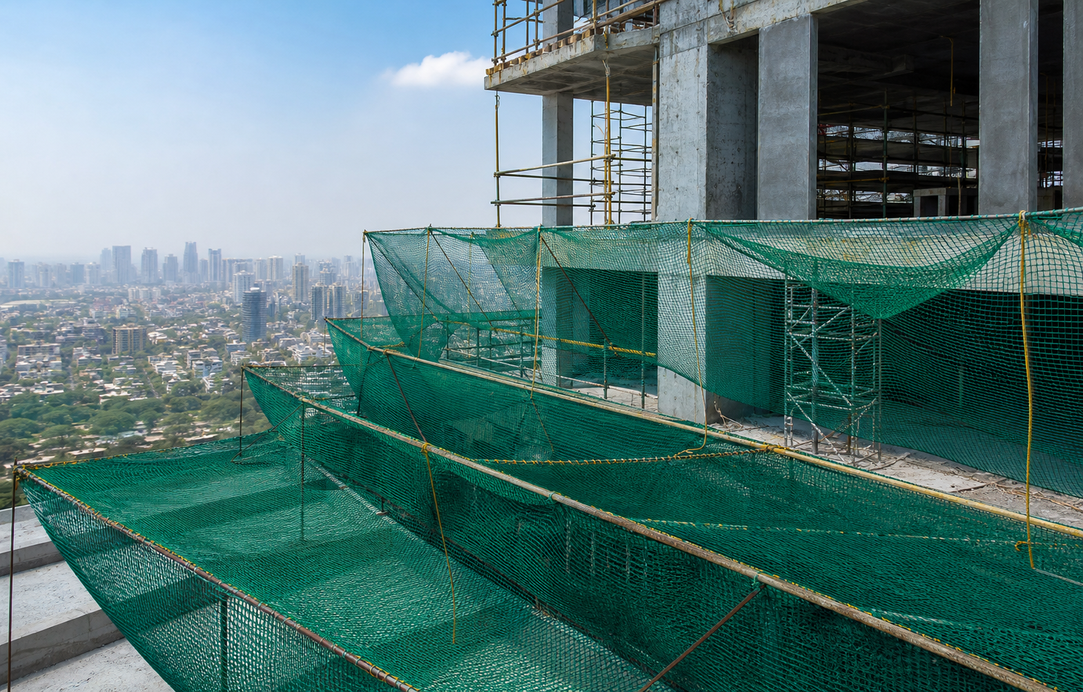 Green construction safety nets installed around a high-rise building project