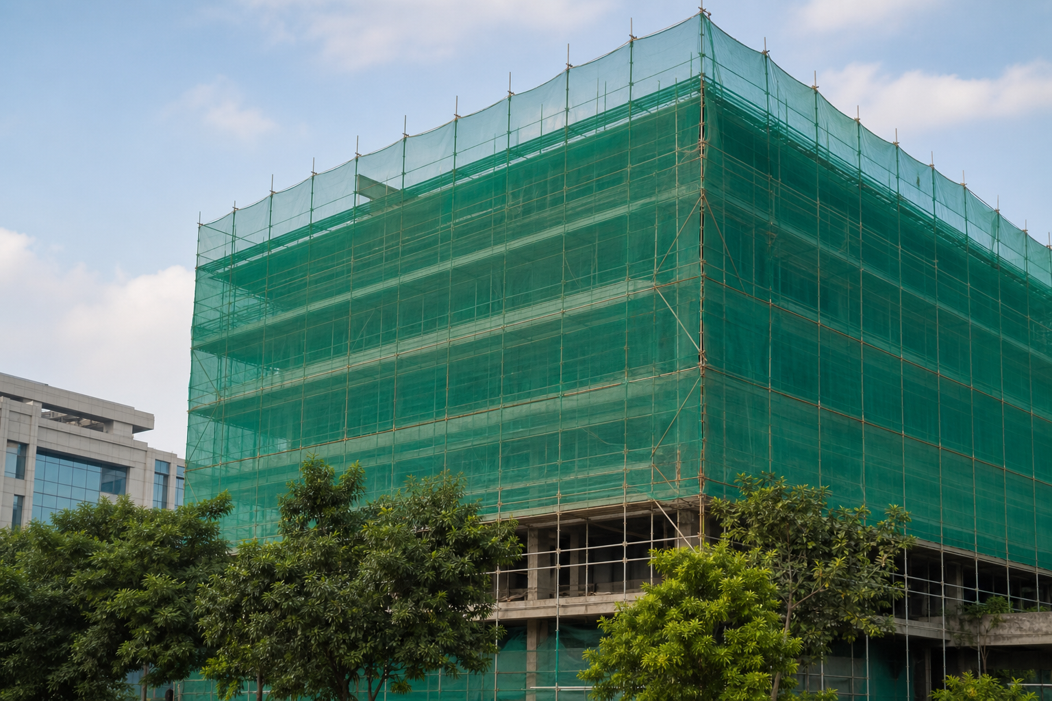 Green construction safety net installed around scaffolding