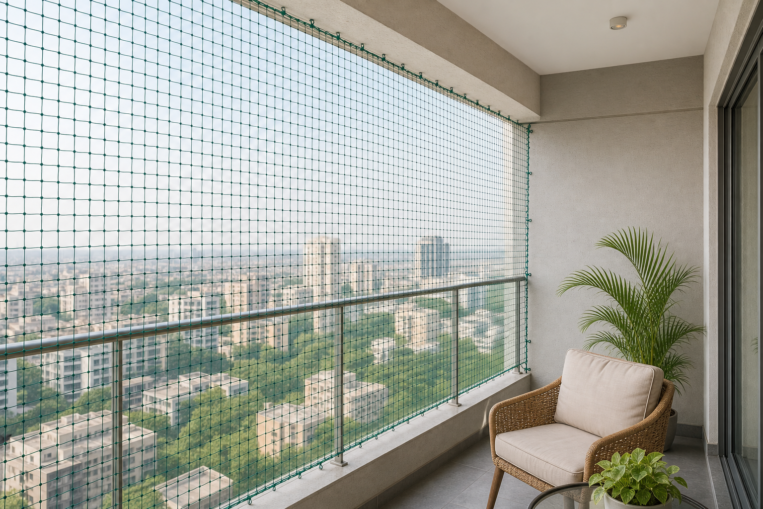 Completed invisible grill cable installation on an apartment balcony in India
