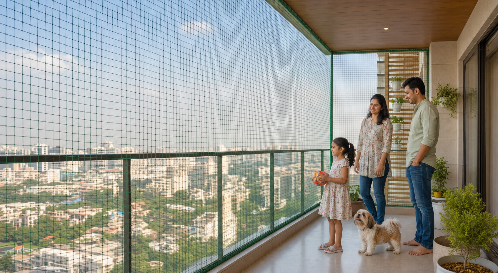 Installer fitting vertical stainless-steel invisible grill cables on a high-rise balcony in India